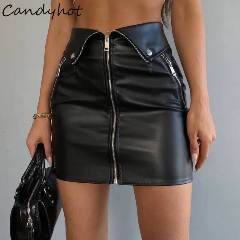 Candyhot Sexy Y2K PU Leather Zipper Casual Skirt Chic Multi Zip Fashion Slim Hip Skirts Summer Club Party High-waist Mini Dress dongdumaoyi