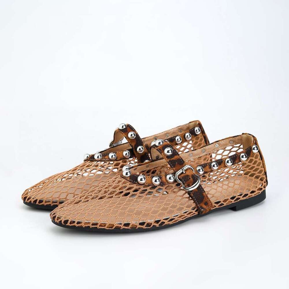 Designer Shoe 35-43 Large Spring Summer New Round Toe Flat Mesh Hollow Rivet Strap Mary Jane Plus Size Women's Shoes