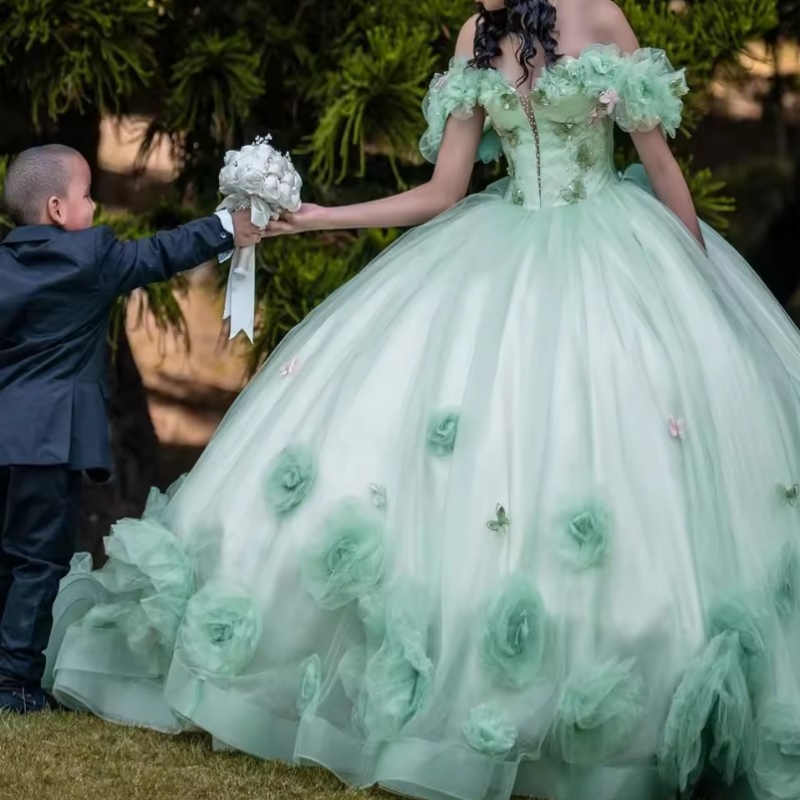 Light Green Quinceanera Dresses Crytal Beading Bow Flower Birthday Party Princess Ball Gown Vestidos De 15 Anos Sweet 16 Dress