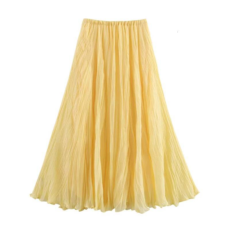 YENKYE Women Crinkle A-line Midi Butter Yellow Skirt Elastic Waist Spring Summer Holiday Elegant Skirts New 2025 faldas mujer dongdumaoyi