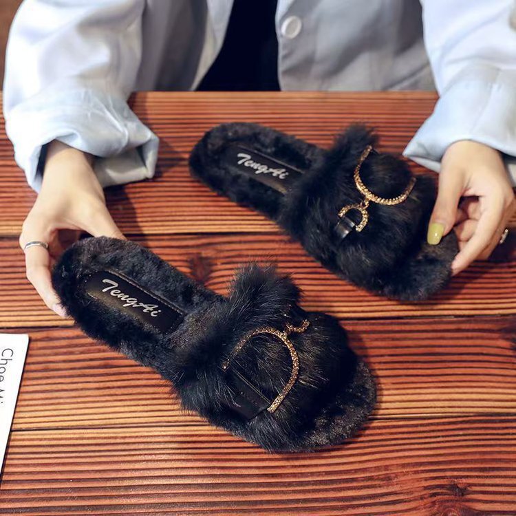 Rabbit fur plush women's slippers for outdoor wear autumn and winter new designer shoes home fairy flat cotton slippers lazy slippers