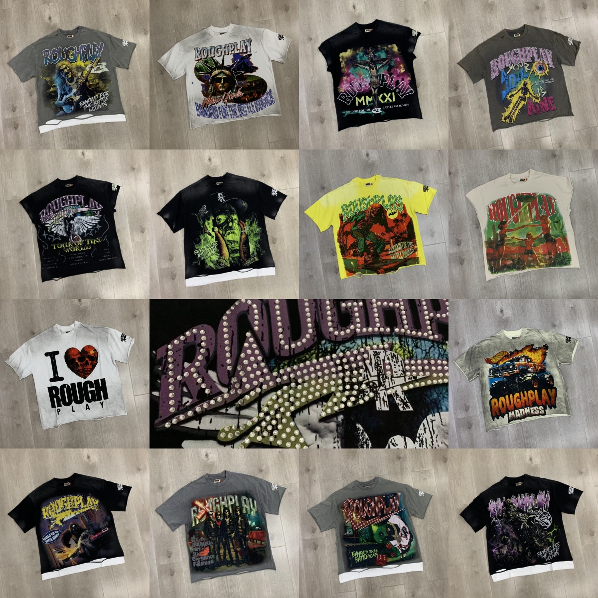 roughplay rockout shirt mens shirt designer roughplay shirt Fashion Washed Hole distressed Diamond patchwork high quality short-sleeved T-shirt US size S-XL