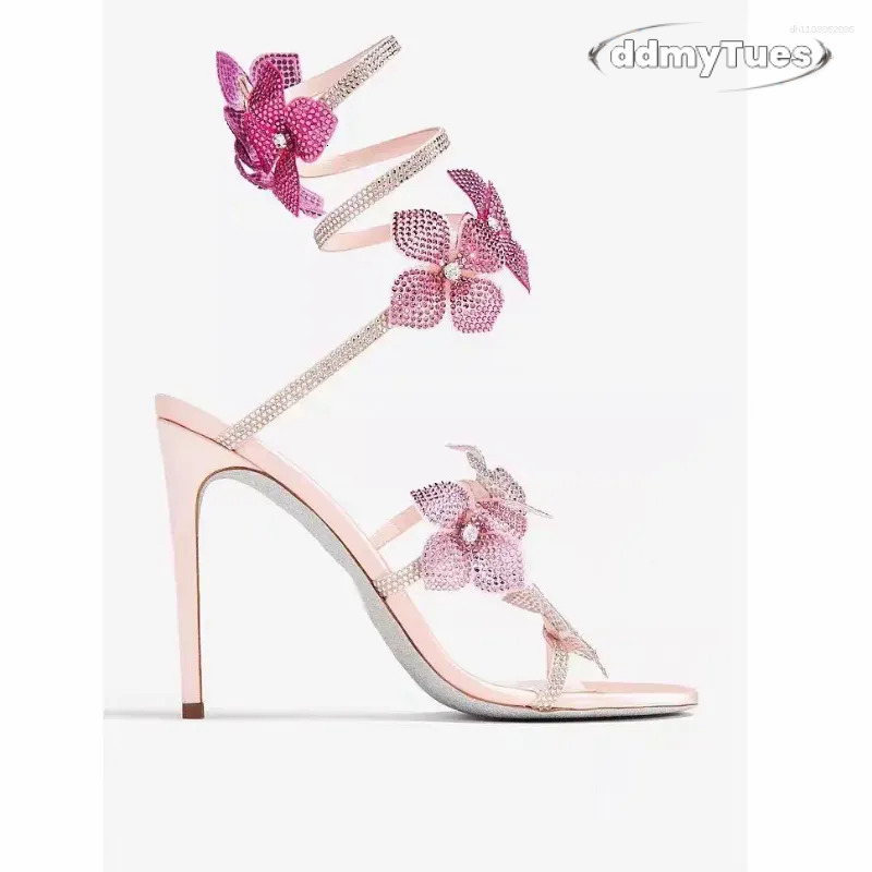 Dress Shoes CHMURY Pink Flower Rhinestone High Heels Sandals For Women Party Elegant Stiletto TUES