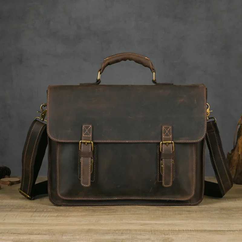 Vintage Crazy Horse Leather Men Briefcase Work Business Laptop Bag Shoulder Messenger Bag Male Tote Handbag Bolsos Para Hombre Z250906