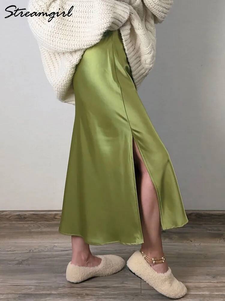 Satin Skirts Summer Black Formal Silk Office With Slit A Line Green Midi Skirt Bury Women Elegant dongdumaoyi