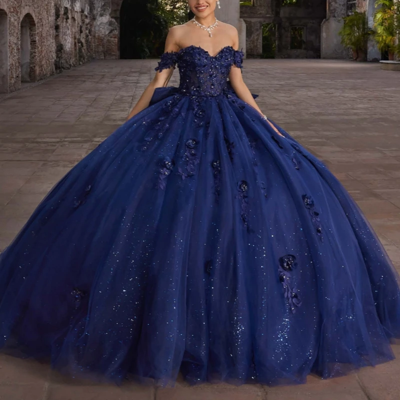 Navy Blue Shiny Quinceanera Dresses Ball Gown Off The Shoulder Applique Flower Beads Bow Tull Party Birthday Sweet 16 Dress Vestidos 15 De Anos