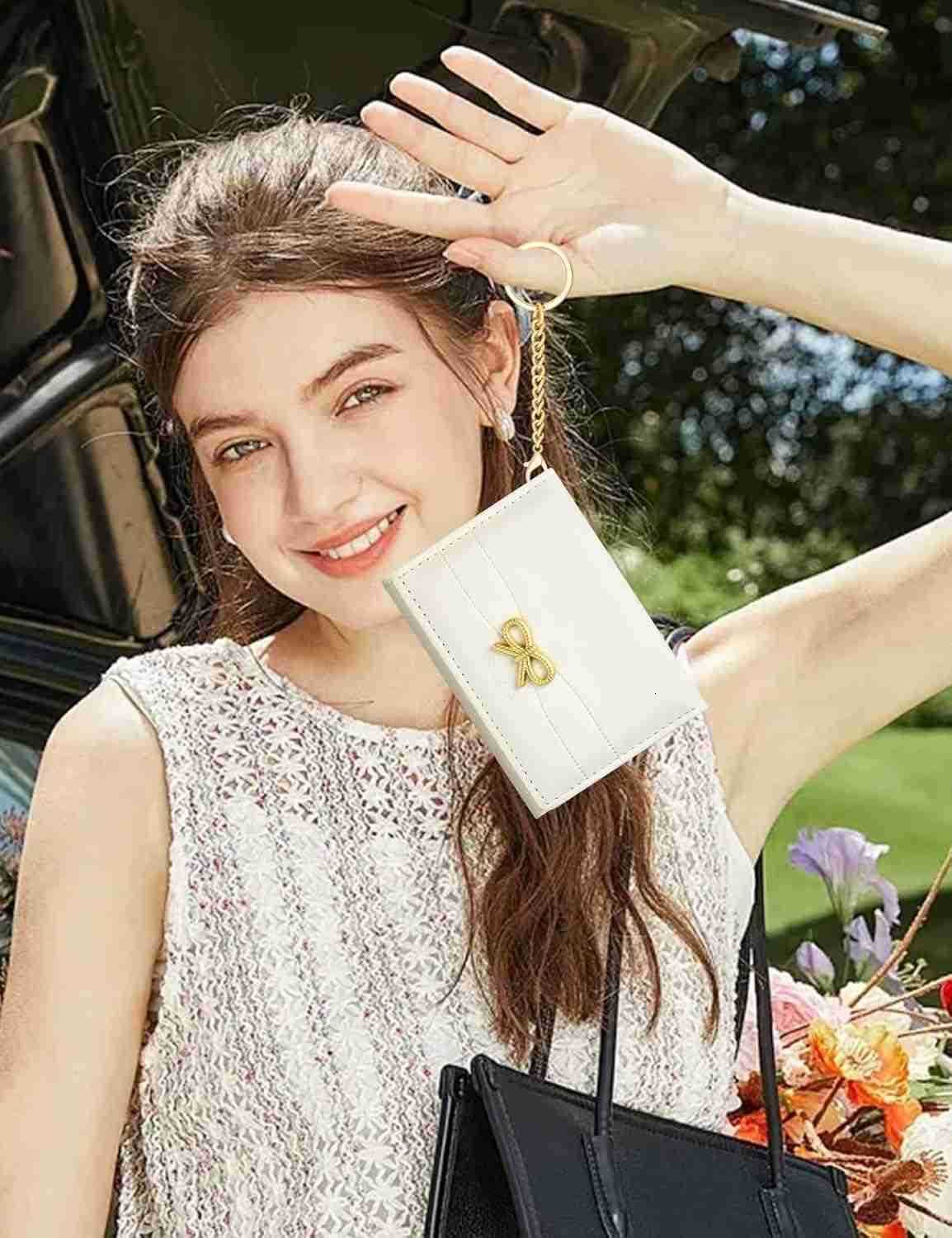 Coquette Bow Wallet for Women Small Slim Trifold Womens Wallet with Key chain Cute Aesthetic Card Holder ID Window for Girl WhiteW250911