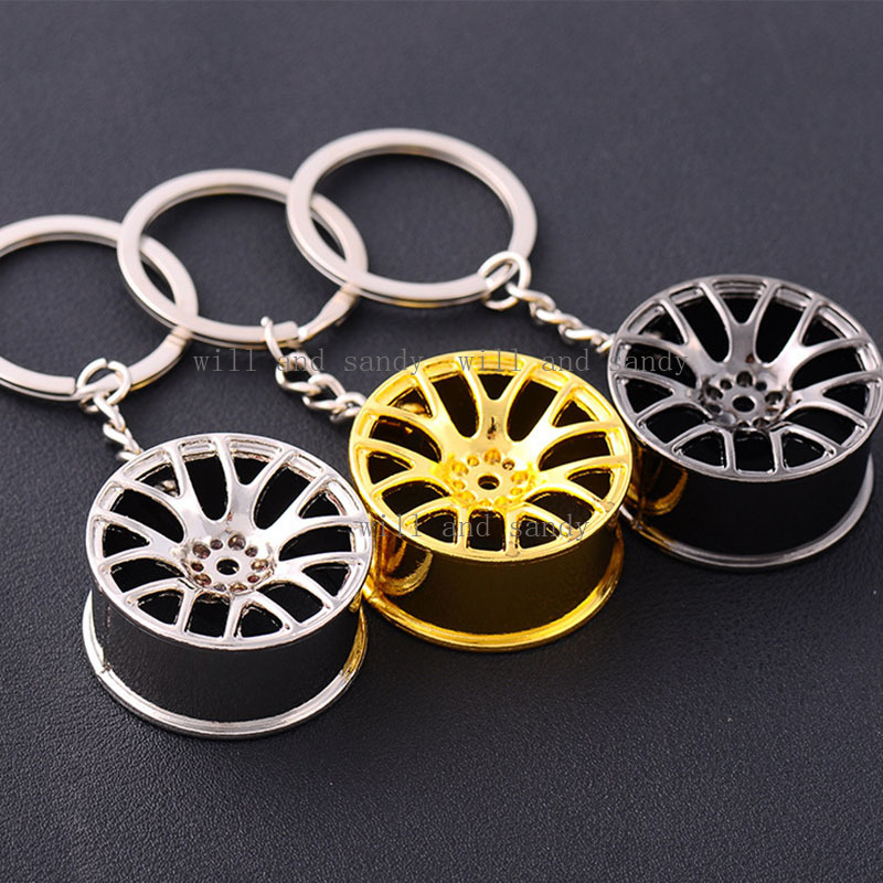 WHOLESALE Metal Wheel Hub Key Rings Charm Auto Sports Car KeyChain Pendant Silver Gold Fashion Jewelry Gift Bag Hanging