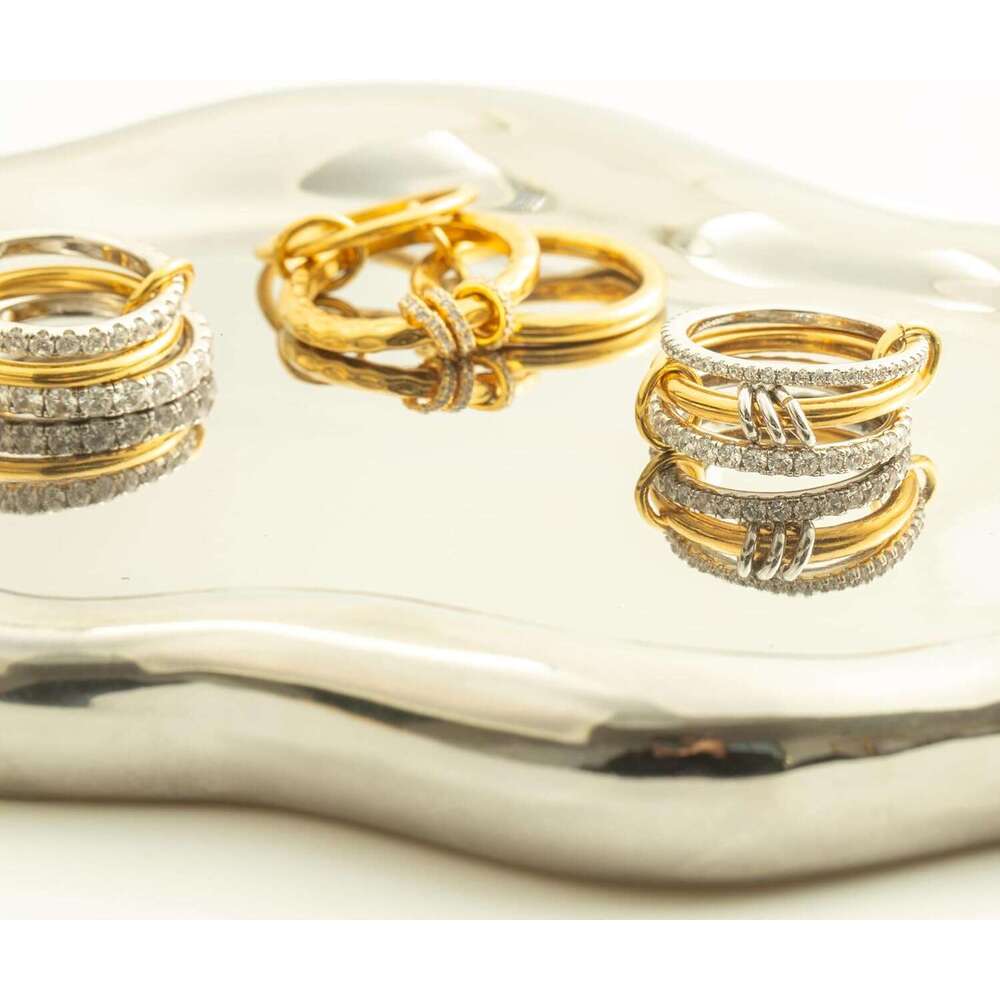 Stackable for Women Non Tarnish,Dainty Plated CZ Cubic Zirconia Rings,Sier and Gold Set,Multi-Link Connected Rings