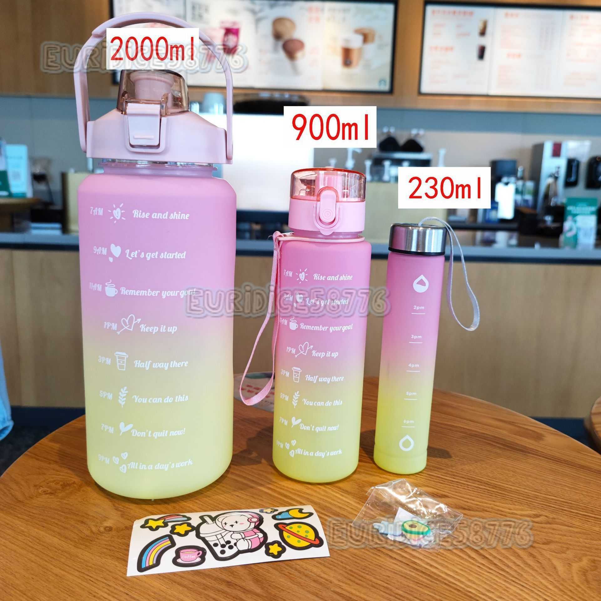Threepiece Water Bottle Set with Handle Rope Matte Gradient Straw Plastic Water Cup Large Capacity Outdoor Sports Water Bottle H250911