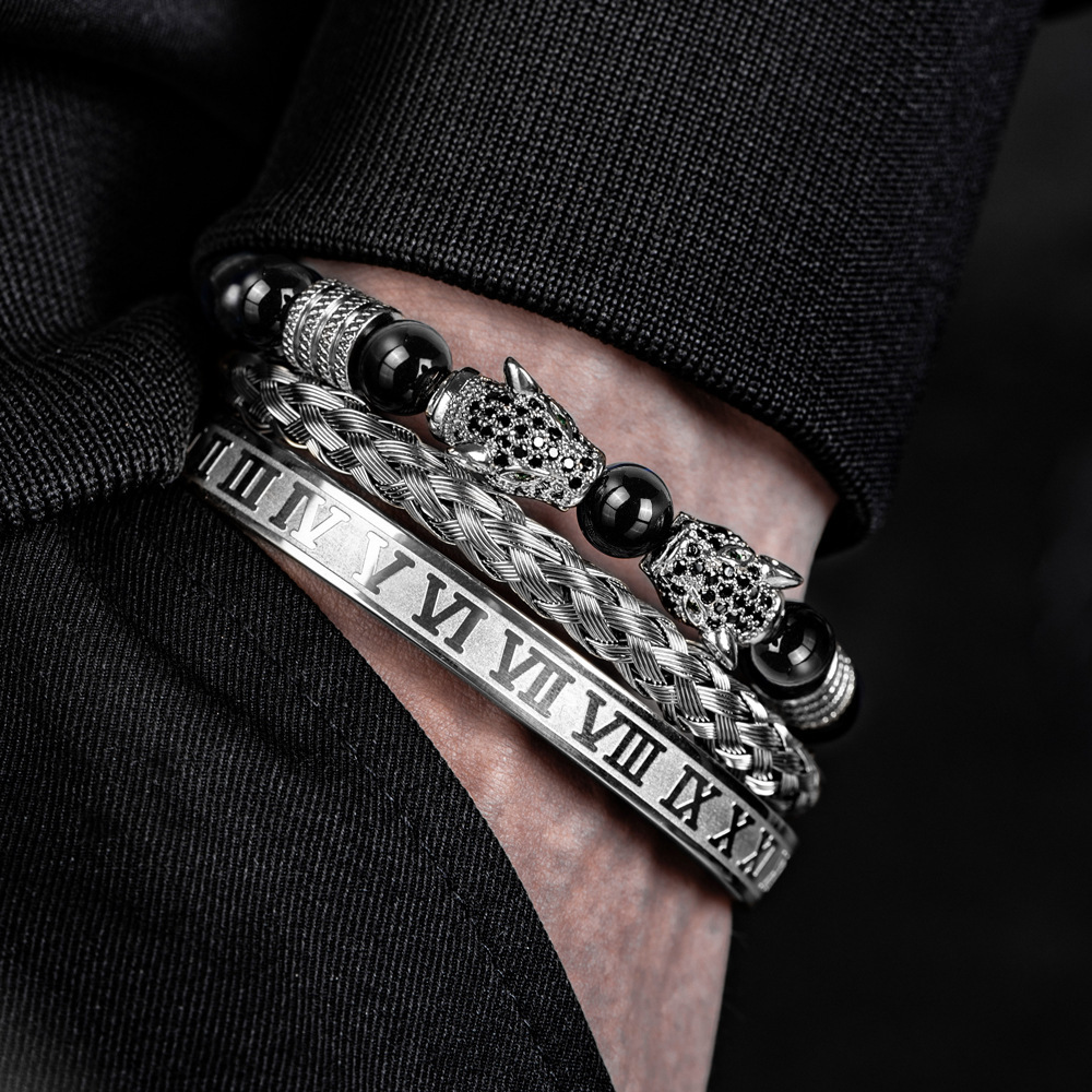 Black Double Leopard Head Braiding Stainless Steel Roman Numeral Bracelet Set Retro Designer Jewelry for Men
