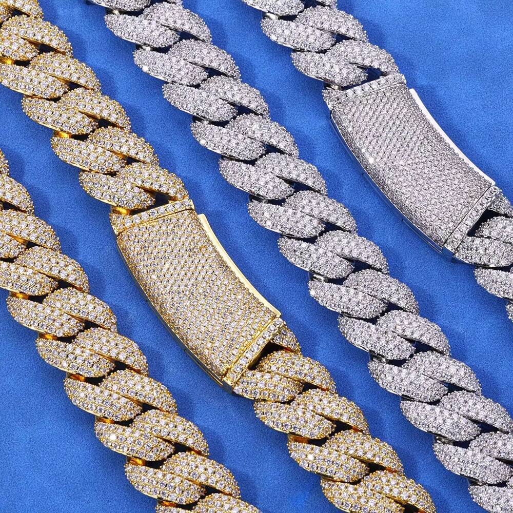 Mens Chic Hip Hop S925 Silver Moissanite ThreeRow Full Diamond Bubble Cuban Chain Necklaces