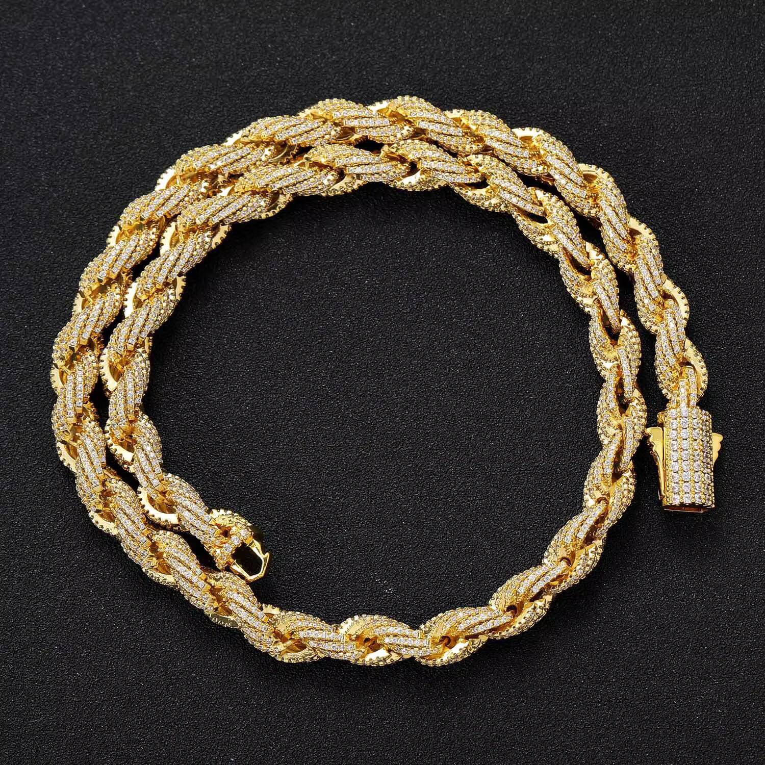 Hip Hop 8MM Moissanite Diamond Iced Rope Bracelet Gold Plated Link Chain Twist Cuban Bracelet and Necklace