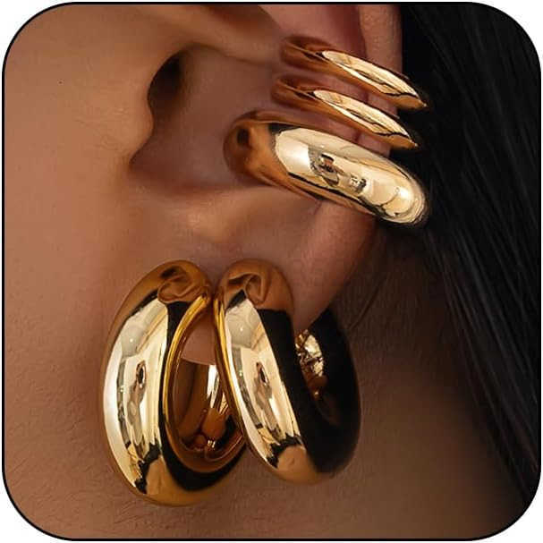 5Pcs Ear Cuff Earrings Statement Gold Round Huggie Hoop Chunky Big Silver Clip On Non Piercing Cuff Earring for Women Charm Thick Trendy Party Jewelry