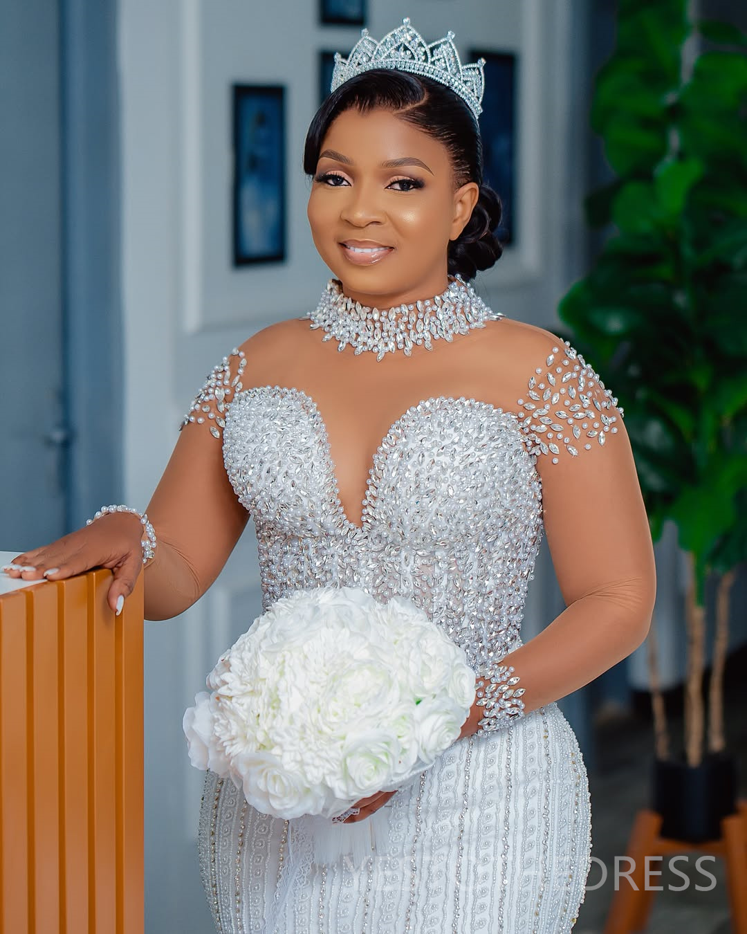 2025 Plus Size Aso Ebi Wedding Dress Bridal Gowns For Bride Mermaid High Neck Illusion Beaded Lace Pearls Ruffles Tiers Rhinestones Wedding Gowns For 