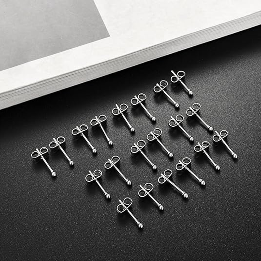 10 Pairs 20G 2mm Tiny Stud Earrings 316L Stainless Steel Small Ball Earring Set For Men Women Rose Silver Tone