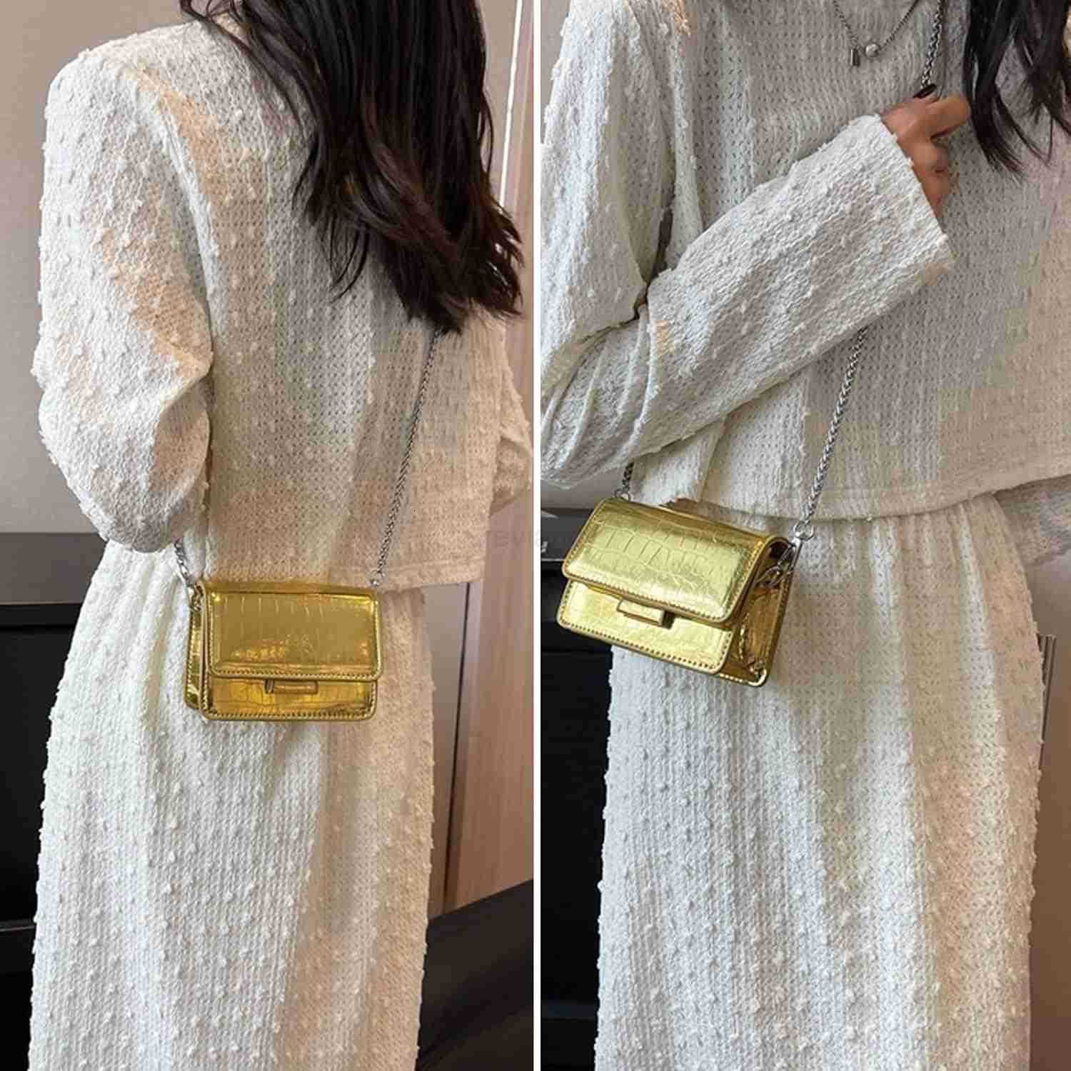 Small Crossbody Purse Bag for WomenMini Cute Metallic CrocEmbossed Handbag with Chain StrapW250911