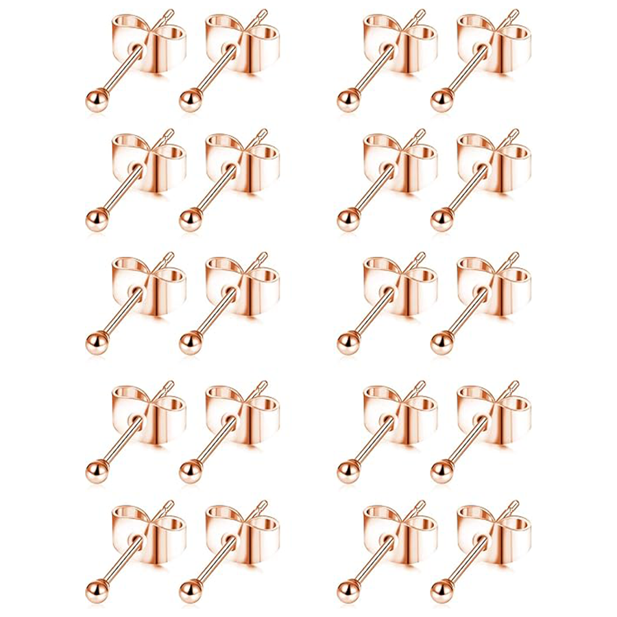 10 Pairs 20G 2mm Tiny Stud Earrings 316L Stainless Steel Small Ball Earring Set For Men Women Rose Gold Tone