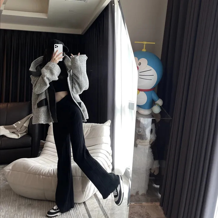 Knitted Highwaisted Mopping Wideleg Pants Womens Winter Thin Drape Vertical Pleats Straight Trousers 250911