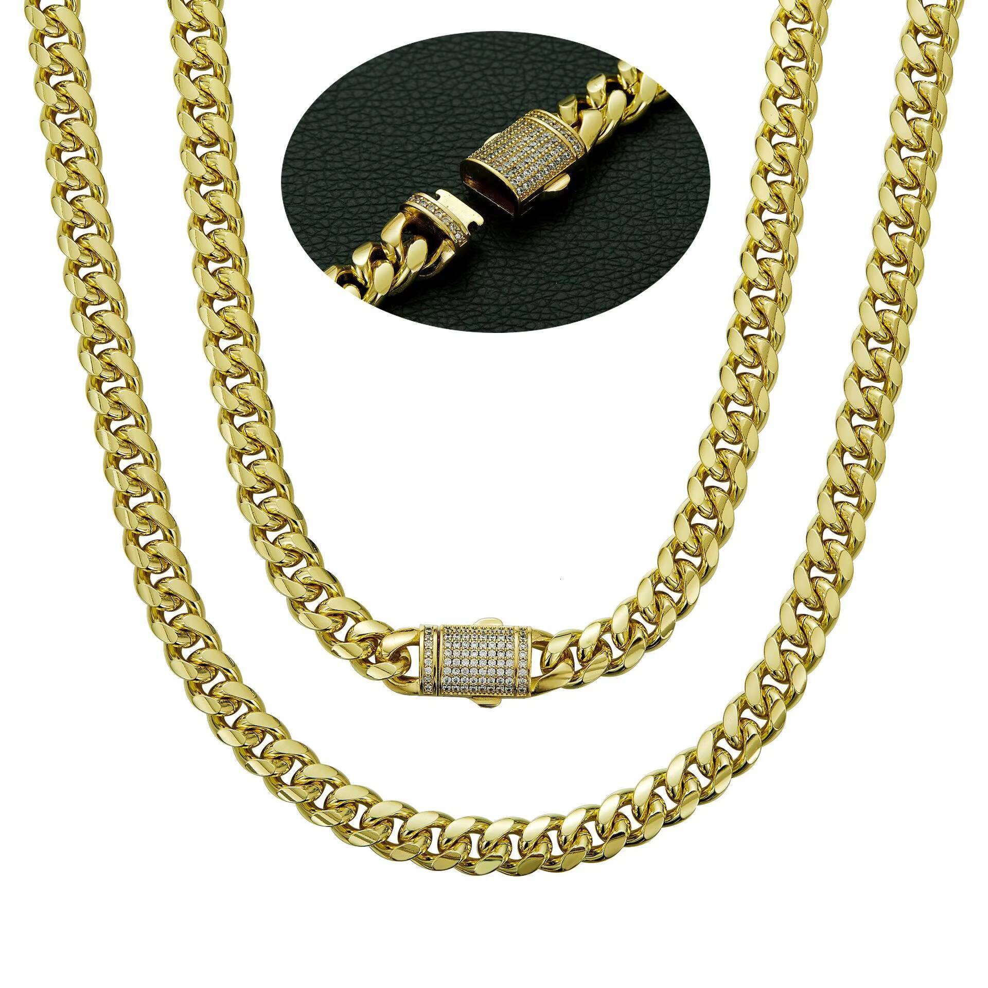 Mens Hip Hop Style Miami Cuban Link Chain 14K GoldPlated Stainless Steel Trendy Fashion Jewelry Zircon Diamond Geometric