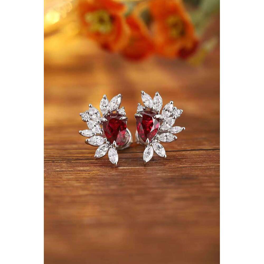 14k White Gold Ruby Moissanite Earrings D Color Marquise Cut Elegant Classic Design Custom Veet Clasp Women's Gift