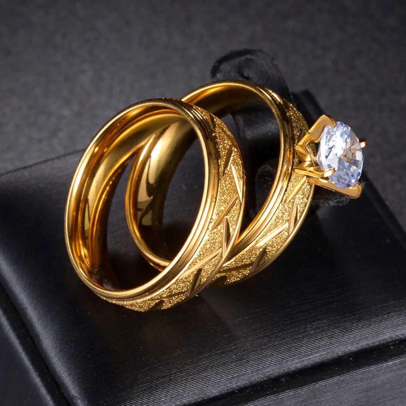 MeMolissa 2pcs Luxury Gold Color Stainless Steel Cubic Zirconia Ring Wedding Rings for Men Women Couple Jewelry Gifts W250911