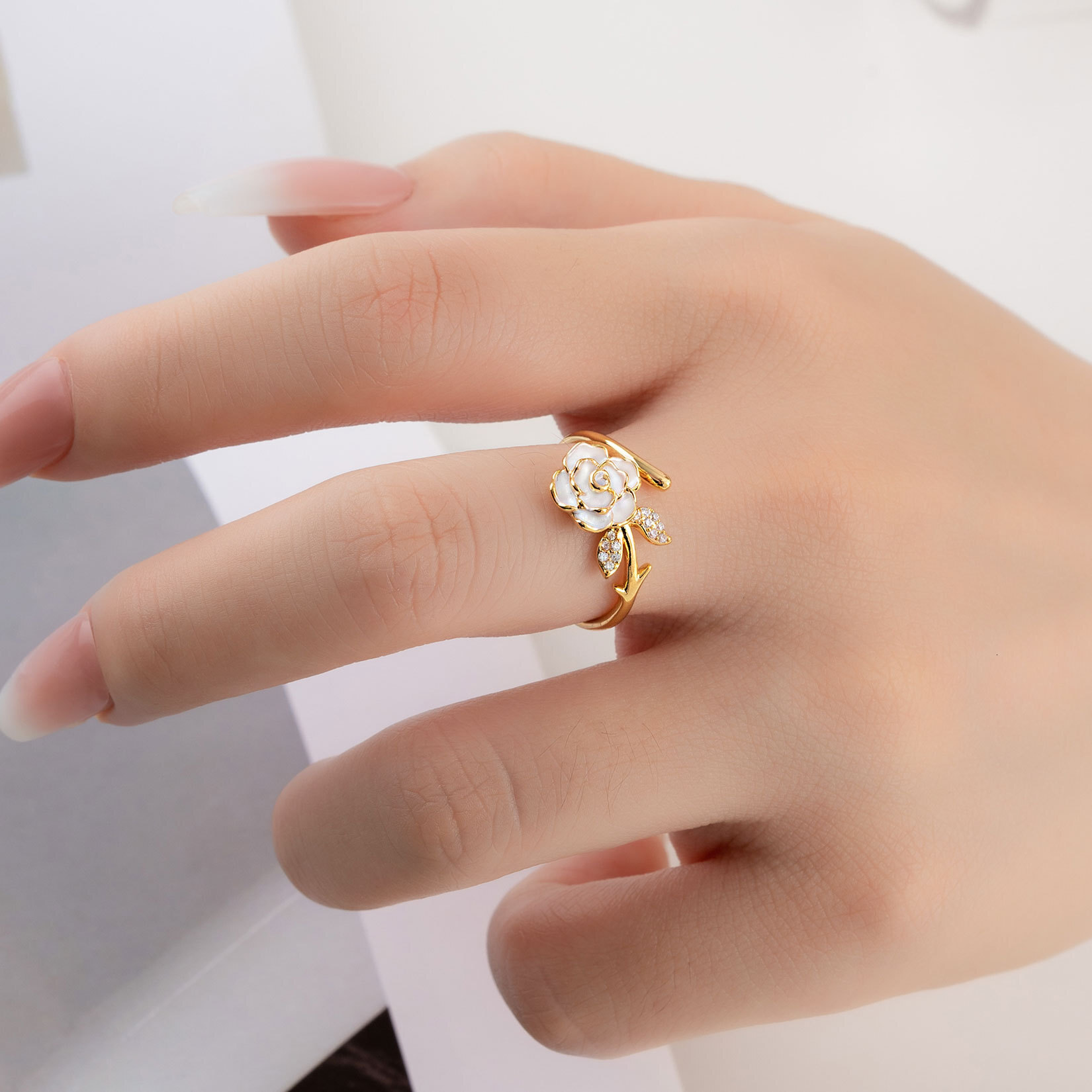 French Camellia Open Oil Drop Micro Inlay High-end Flower Index Finger Light Luxury Adjustable Ring
