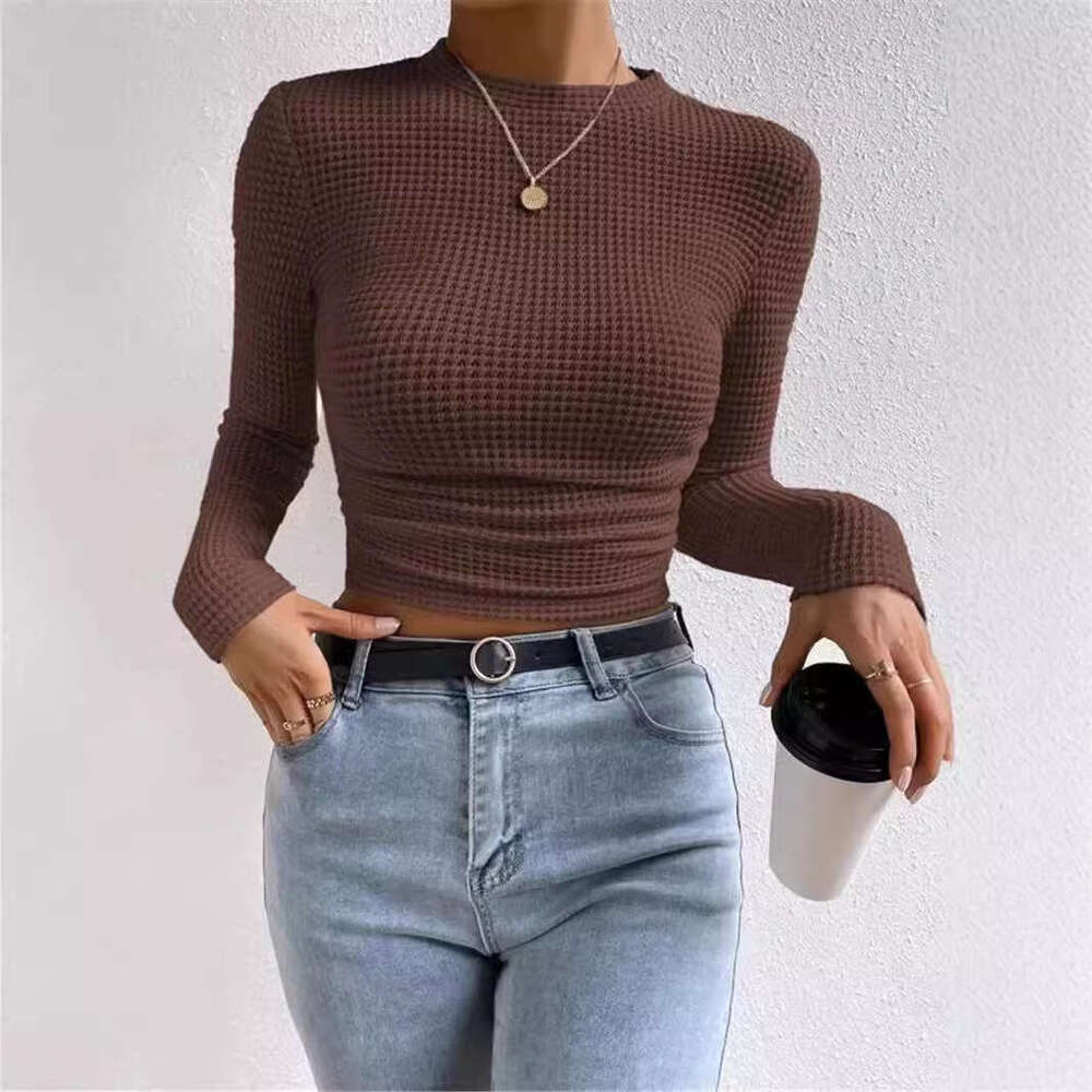 2025 Autumn Winter Slim Fit Long Sleeve Plaid Round Neck Women's T-Shirt with Ruched Detail