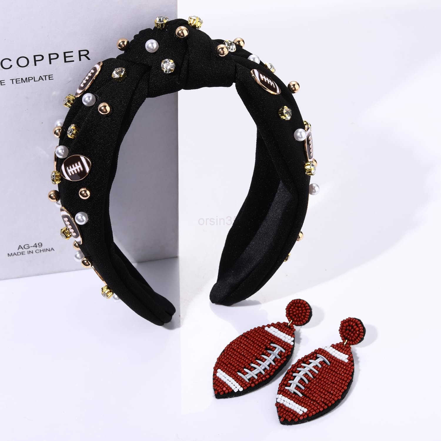 Knotted Headband Rhinestone Crystal Jeweled Baseball Charm Wide Headband Headpiece Fun Baseball Beaded Dangle Earrings for Women Spring Summer Game Da