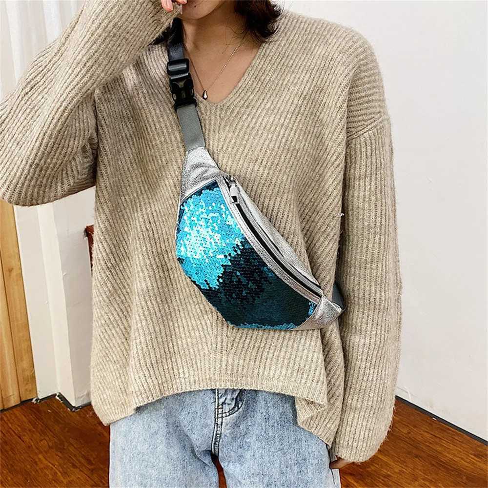 Fashion Handbag For Women Pu Leather Fabric Crossbody Belt Bag Glitter Sequin Fanny Pack Stylish Chest Pouch Single Shoulder Bag Z250911
