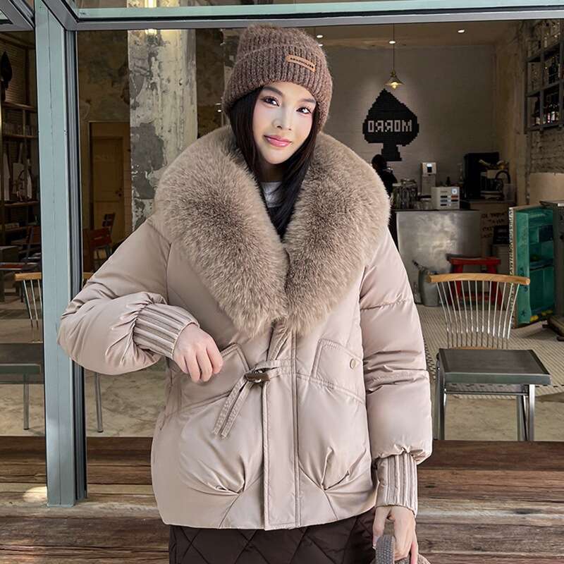 Phoenix Down for Women Winter New Large Fur Collar Short Puffer Jacket Loose Cotton Coat Outerwear