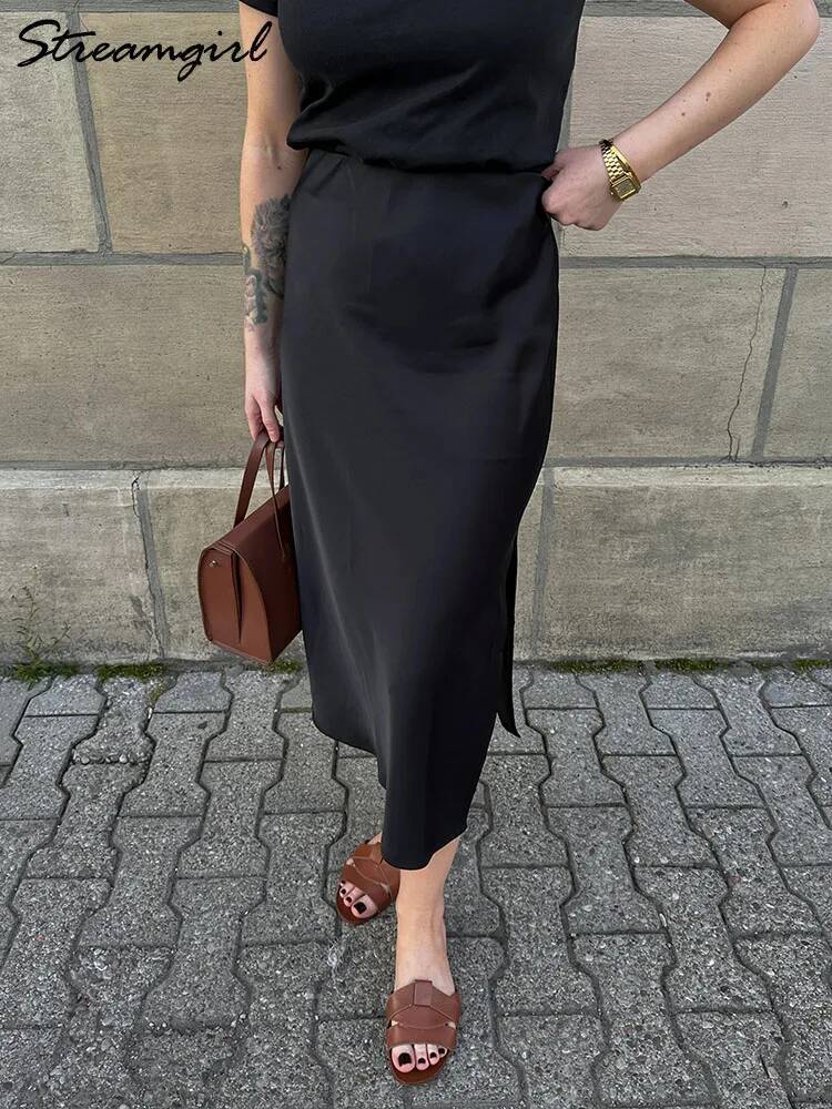 Satin Skirts Summer Black Formal Silk Office With Slit A Line Green Midi Skirt Bury Women Elegant dongdumaoyi