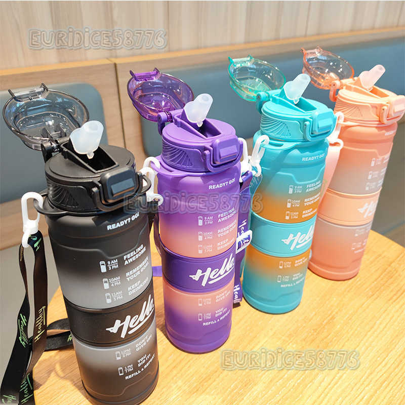 New Gradient Color Space Cup Straw Portable Strap Plastic Water Bottle Outdoor Fitness Sports Water Bottle H250911