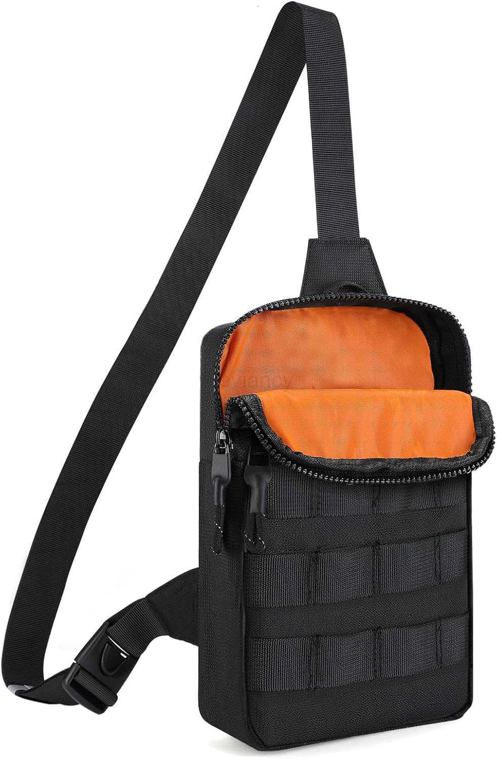 Small Sling Bag for Men Tactical Molle Crossbody Bag with HighVisibility Orange Lining Comfortable Waterproof Phone Chest Bags Pouch for Hiking Travel