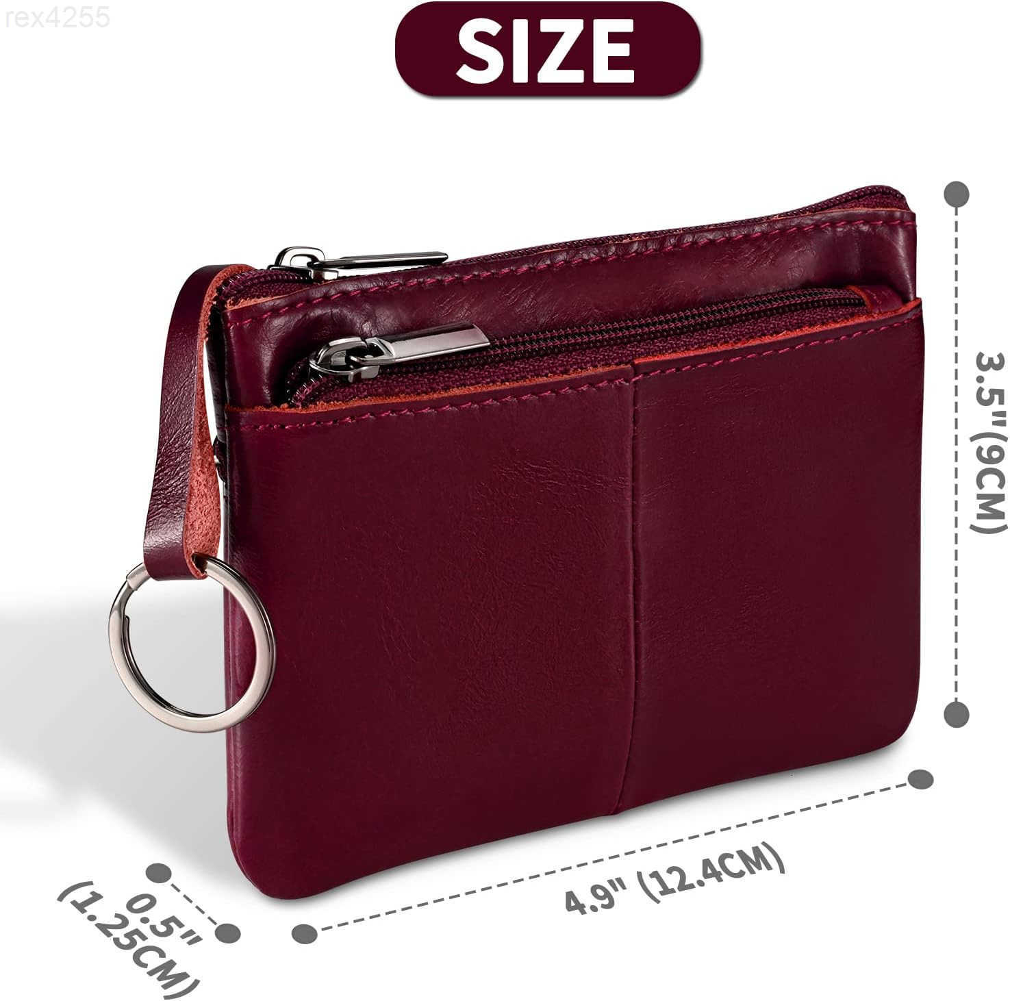 Red Genuine Leather MultiFunctional Wallet Compact Card Holder Coin Purse Key Organizer with 3 Zippers Builtin Key Ring Perfect for Travel Work Daily 