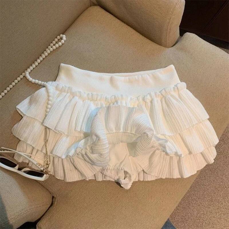 Sweet Puffy Cake Women Skirts Korean Fashion Ruched Ruffle Mini Campus Haruku Casual Versatile Elastic Waist Solid Skirt dongdumaoyi