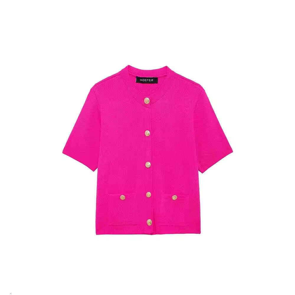 DHEssentials New Style Chanel-Inspired Round Neck Patch Pocket Button Design Short Sleeve Knitted Jacket for Women 6427031
