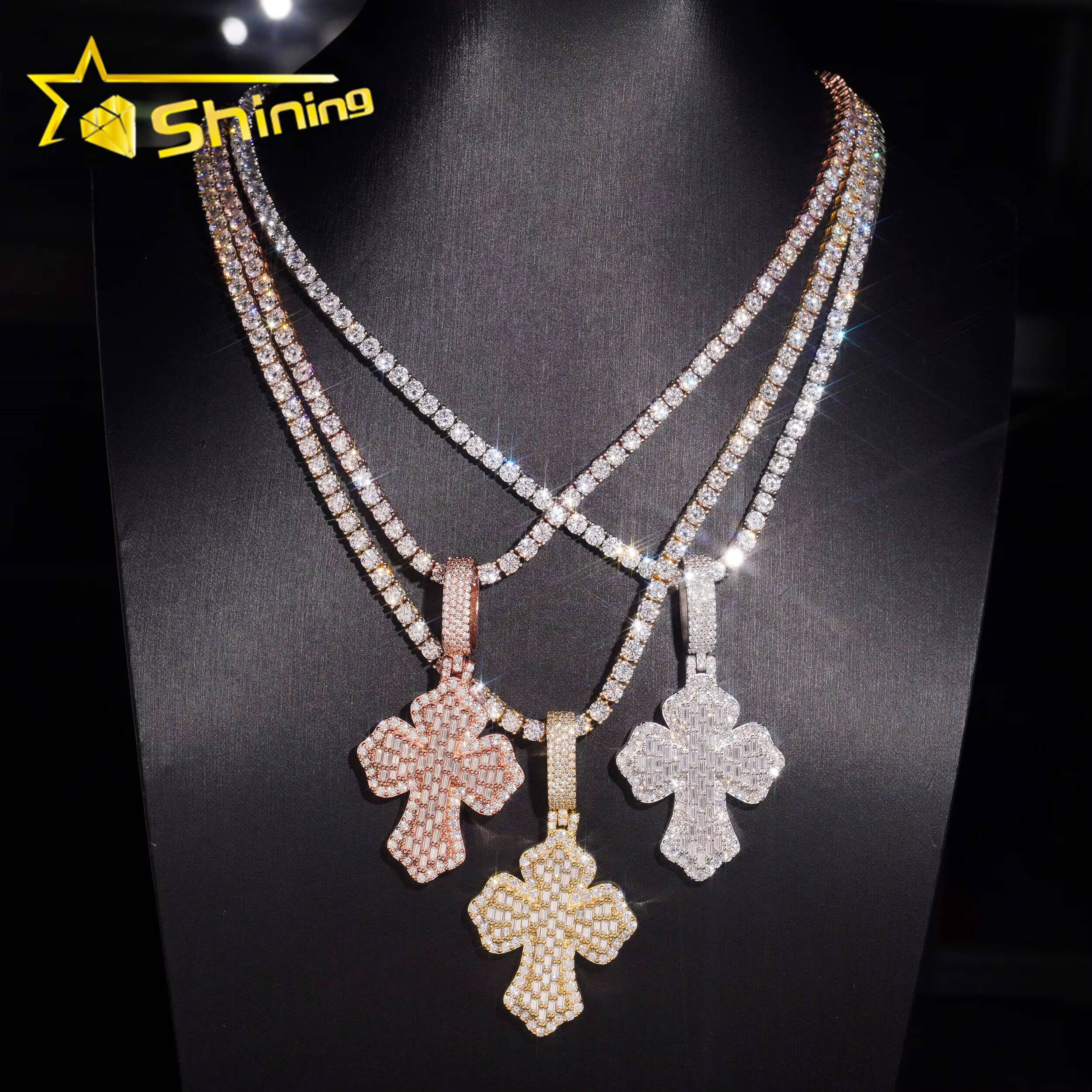 Factory Wholesale Price Hip Hop Jewelry 925 Sterling Silver D Color Men Necklace VVS Baguette Moissanite Iced Out Cross Pendant