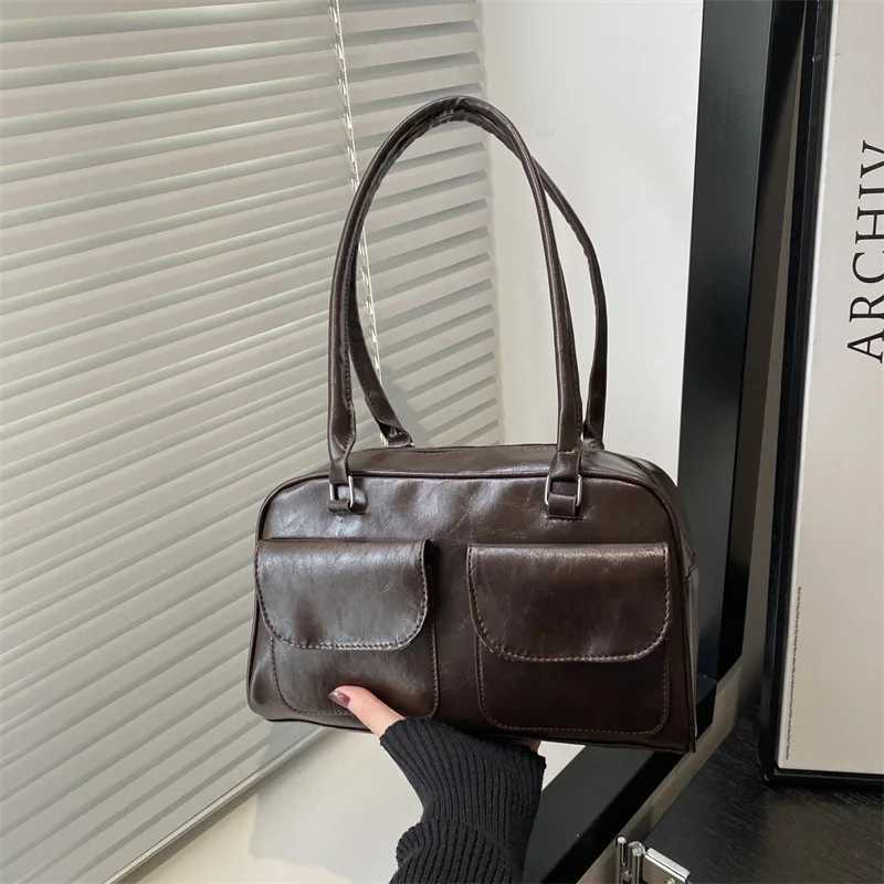 Black Brown PU Leather Tote Bag with Double Pouch Large Capacity Single Shoulder Armpit Bag Vintage Handbag Women for Daily Use W250911