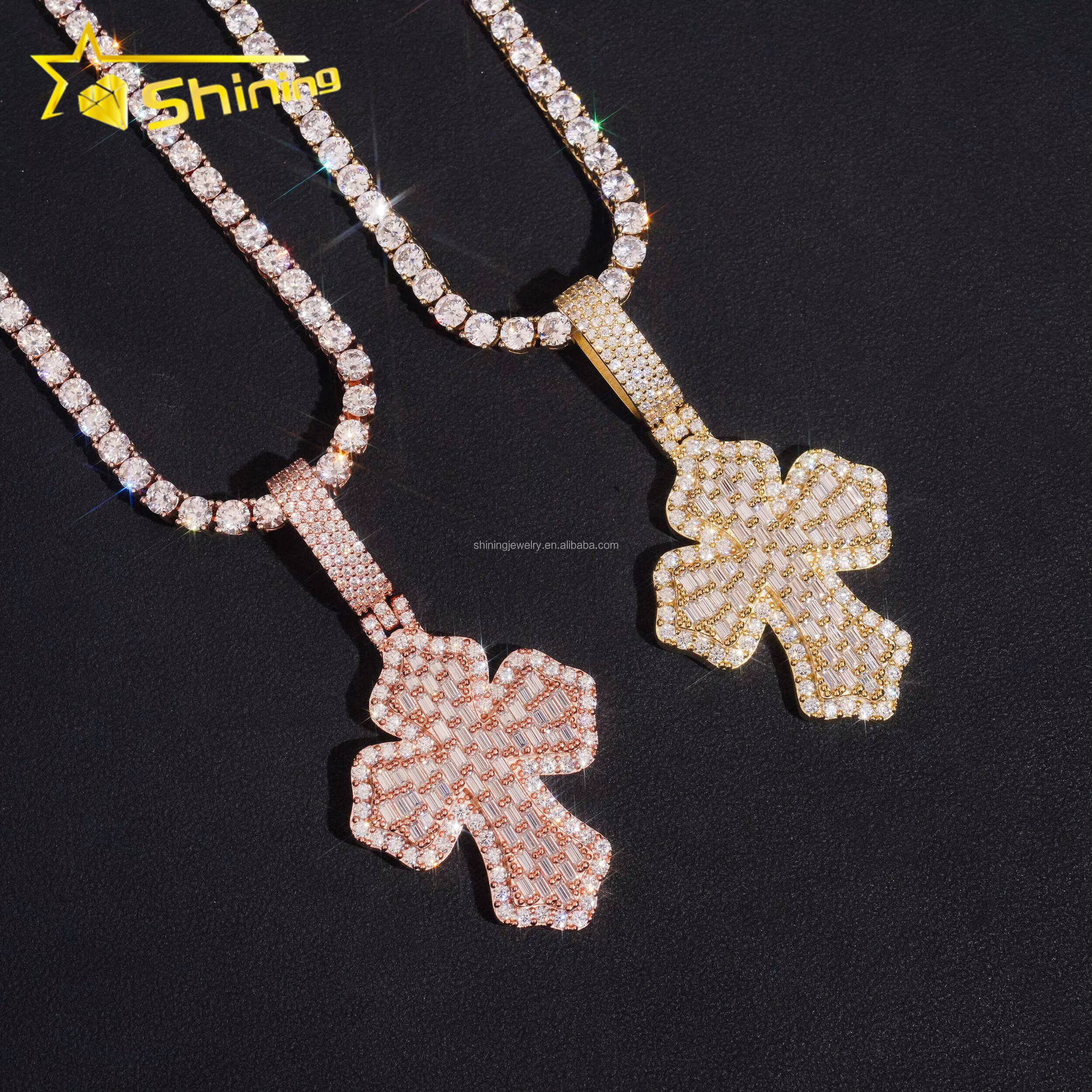 New Arrivals Fire Jewelry Hip Hop Stylish Rapper FL Moissanite Baguette Diamond S925 Solid Silver Iced Out Man Cross Pendant Set