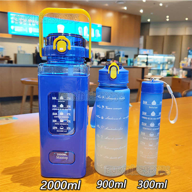 Large Capacity Gradient Color Plastic Cup Threepiece Set Water Cup Portable Outdoor Sports Water Bottle Set Square Water Cup H250911