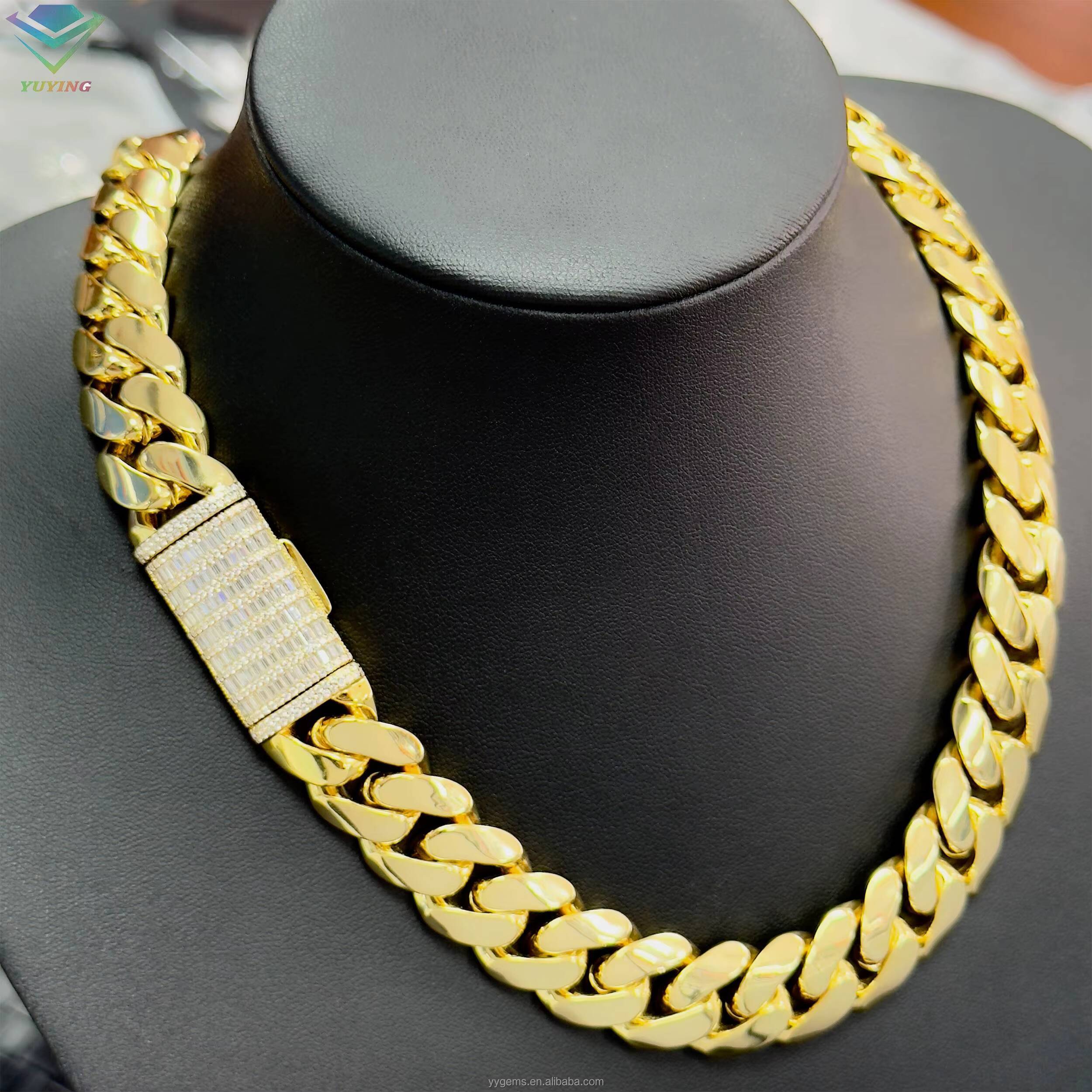 Handmade Solid 925 Silver Miami 3times 14k/18k Yellow Gold Plated Cuban Link Chain for Man baguette Moissanite Diamond Necklace