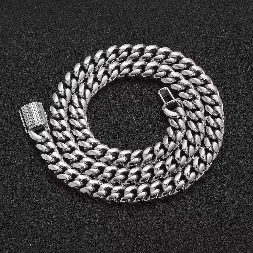 Wholesale Custom Hip Hop Stainless Steel Cuban Necklace CNC Pave Cz Iced Clasp 18K Gold Necklace Cuban Link Chain