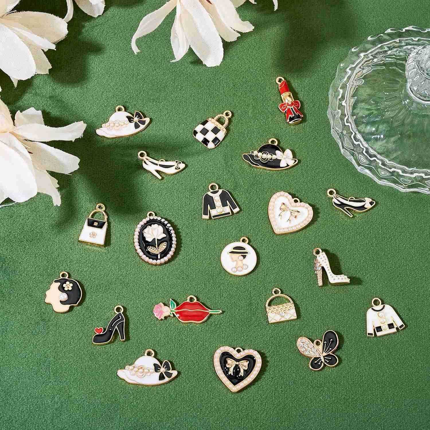 40Pcs Enamel Fashion Women Makeup Charms Lipstick Hat Bag High Heels Alloy Pendants for DIY Earring Necklace Jewelry MakingW250911