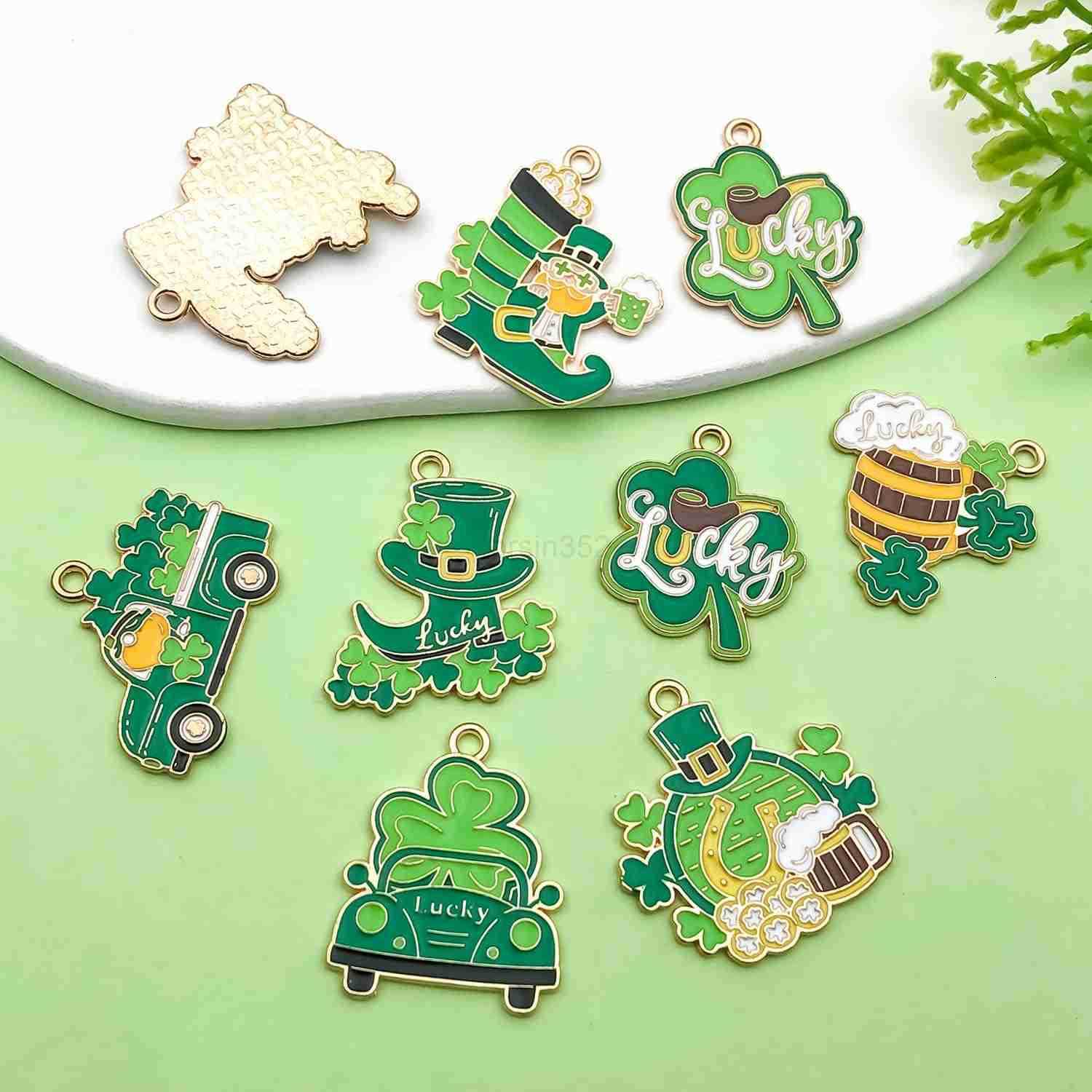 18pcs Alloy enamel green Irish Festival St Patricks Day clover carriage beer glass Jewelry Making DIY Keychain Earrings Pendant Various Design Charms 