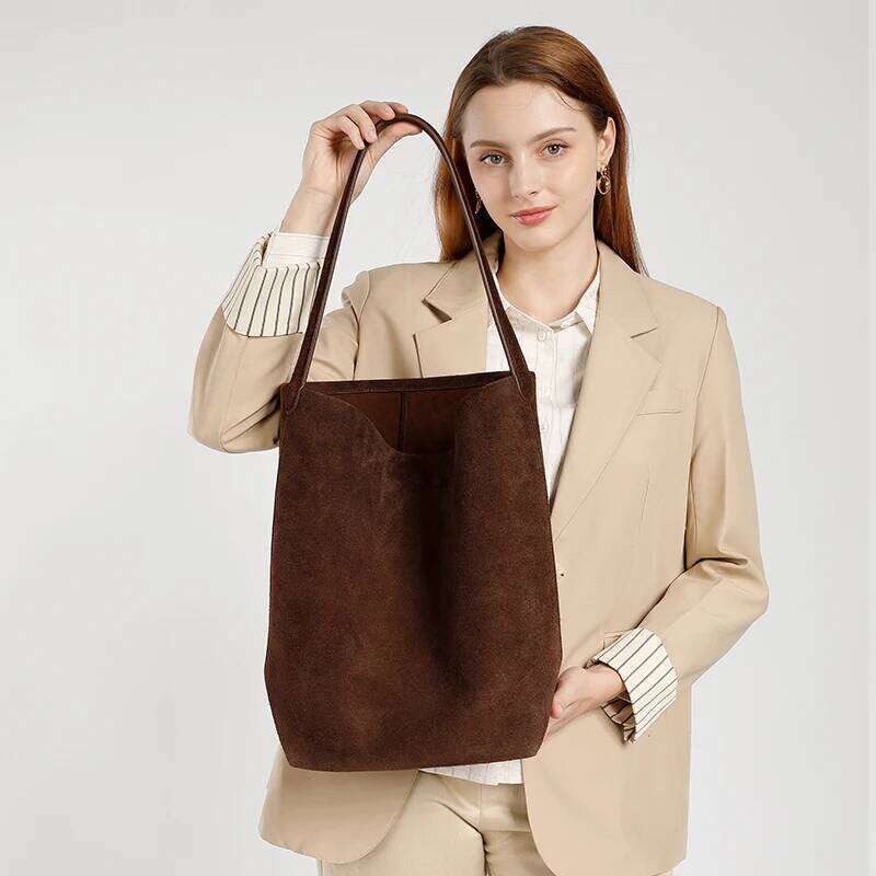 Frosted Cowhide Vintage Women's Large Capacity Suede Fashion Bucket Shoulder Bag Solid Color Simple Casual Commuter Bags
