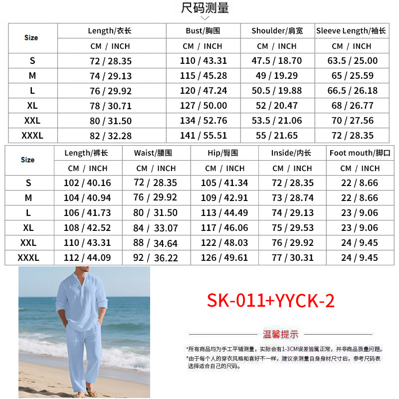 Men's Linen Lounge Set Relaxed Fit Breathable V-Neck Henley Shirt and Trousers Long Sleeve Autumn Comfort Outfit EU Size: S-3XL