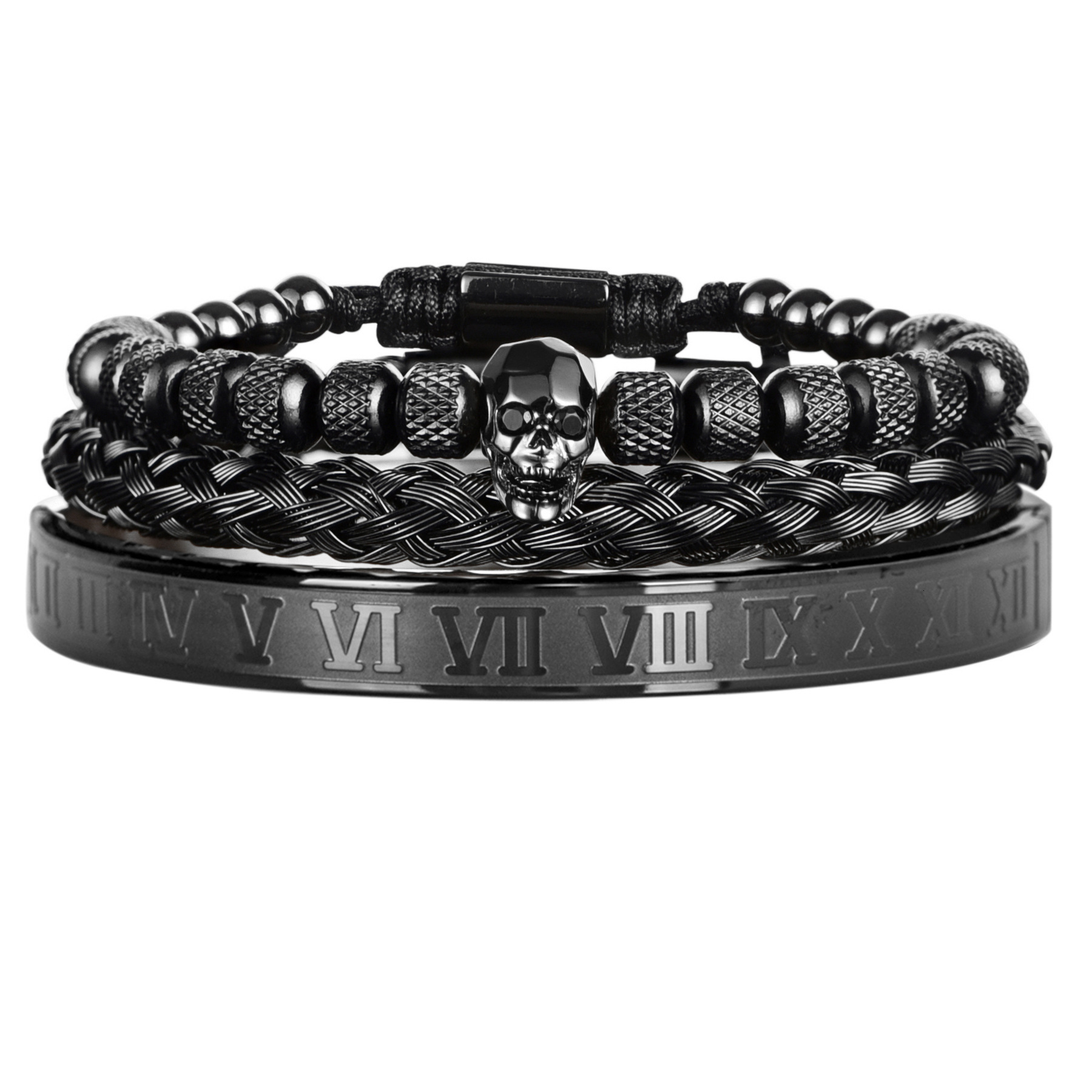 Cut Faced Ghost Head Braiding Bracelet Set Stainless Steel Dripping Roman Numeral Twist Bracelet for Men