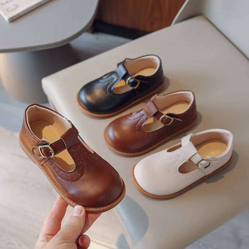 Children Mary Janes British Style T-strap Three Colors Vintage 21-30 Little Girl's Leather Shoes All-mtach School Kids Flats