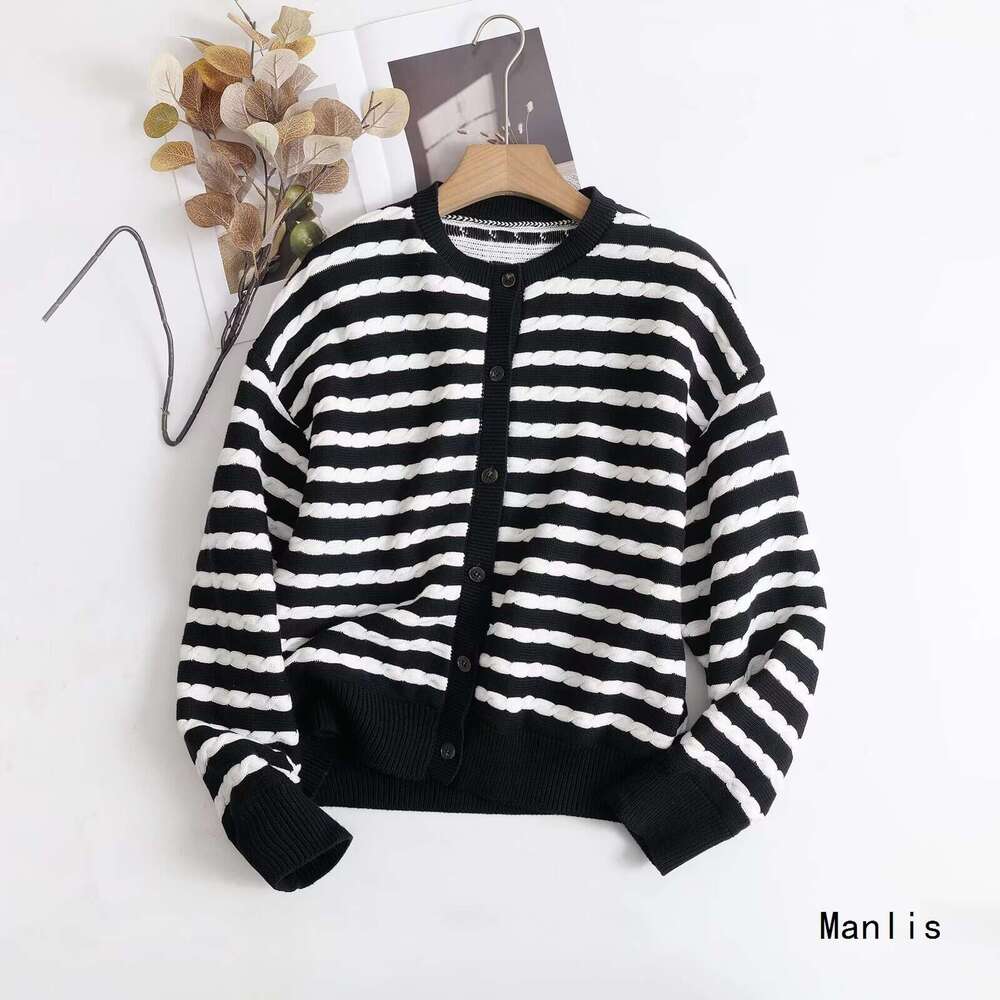 DHEssentials M Fengfeng 2025 New Fashionable Elegant Women's Striped Cable Knit Cardigan 05767575401